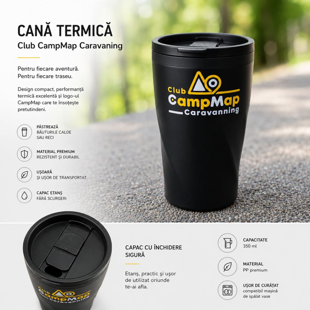 Pahar Termic Reutilizabil Negru 350ml Club CampMap Caravanning
