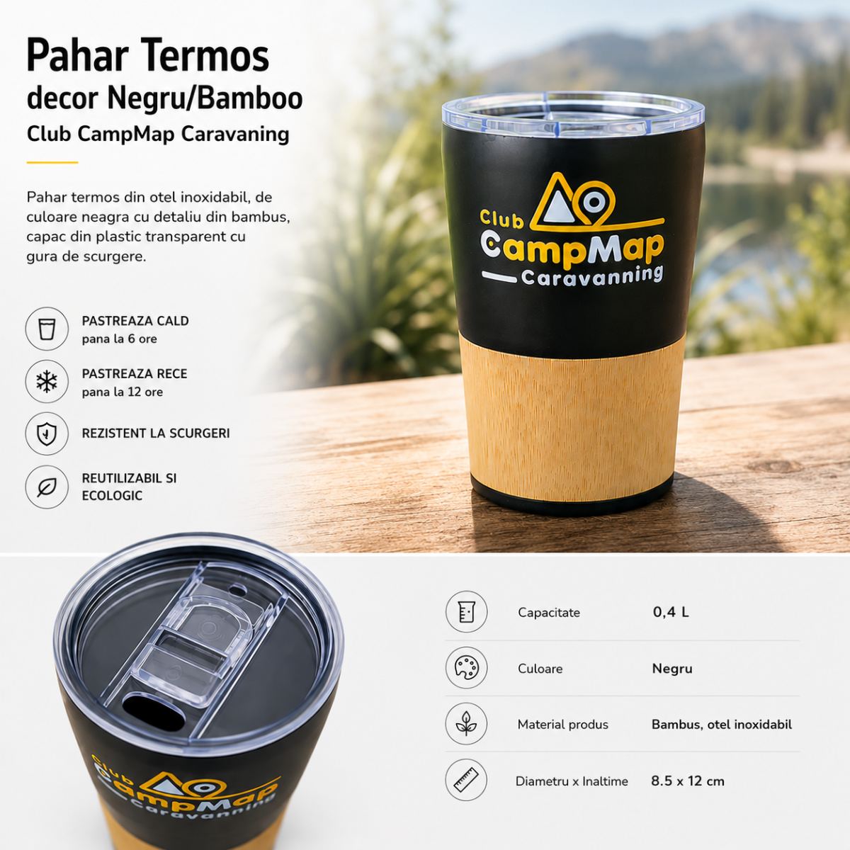 Pahar Termos din Oțel Inoxidabil Negru Bamboo 400ml Club CampMap Caravanning