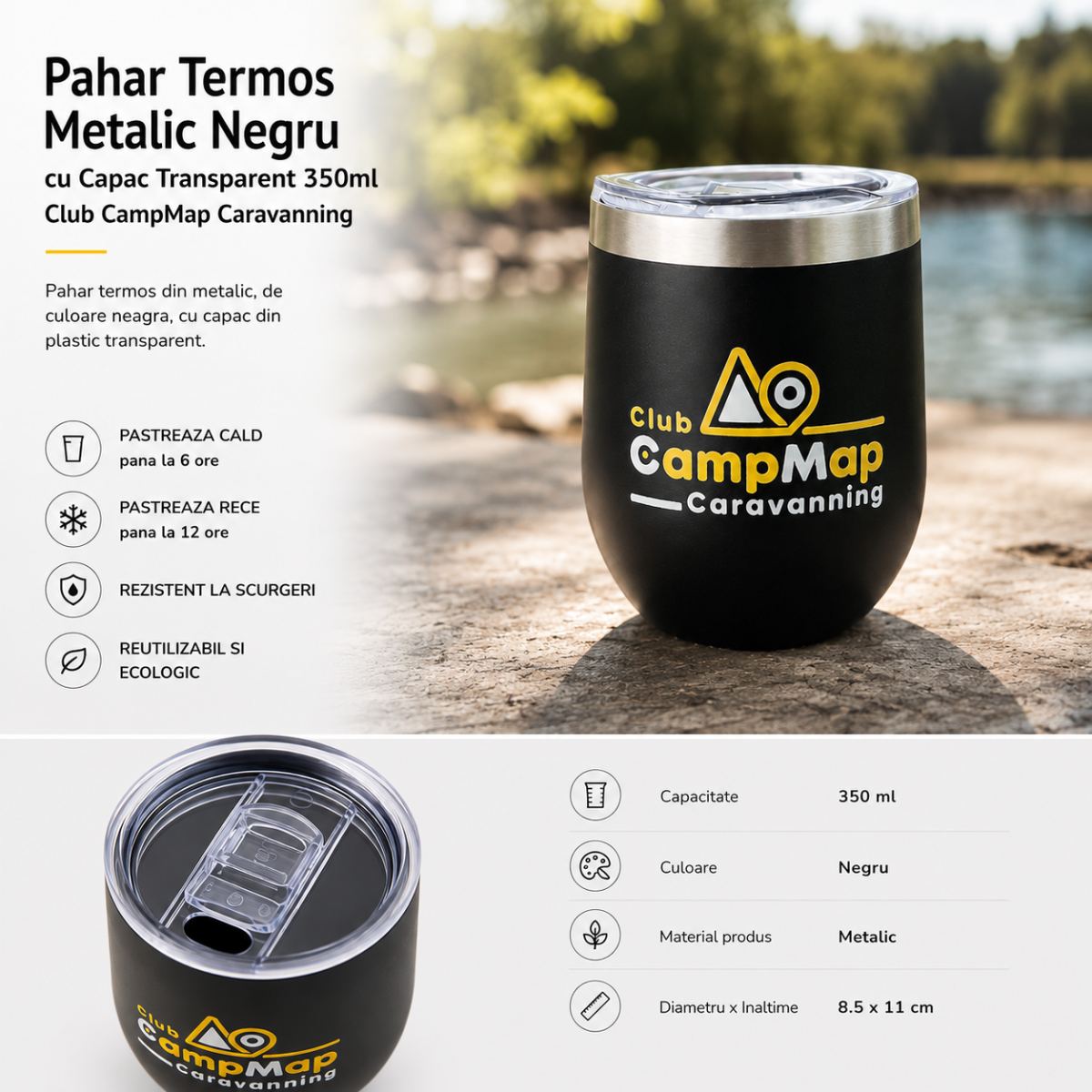 Pahar Termos Negru, Metalic capac Transparent 350ml Club CampMap Caravanning