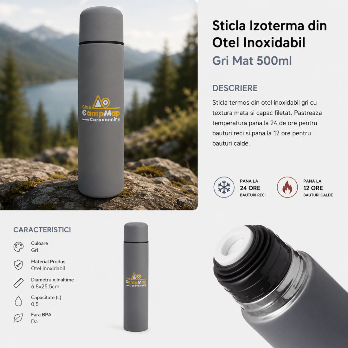 Termos Club CampMap Caravanning din Oțel Inoxidabil Gri Mat – 500 ml