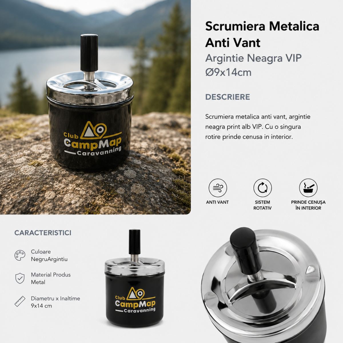 Scrumieră Metalică Anti-Vânt Premium Club CampMap Caravanning - Argintiu-Negru VIP – Ø9 x 14 cm