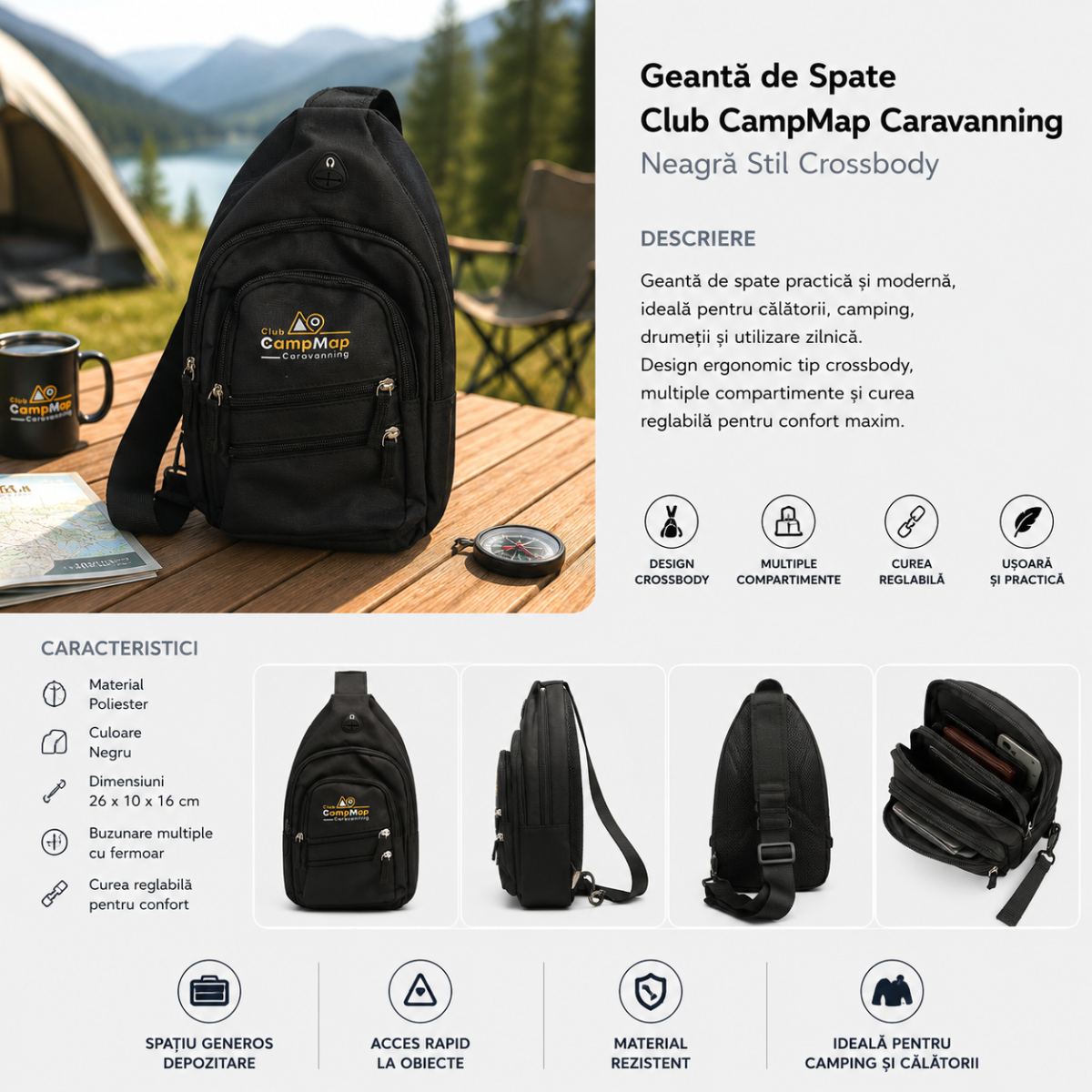 Geantă de Spate Club CampMap Caravanning – Neagră Stil Crossbody