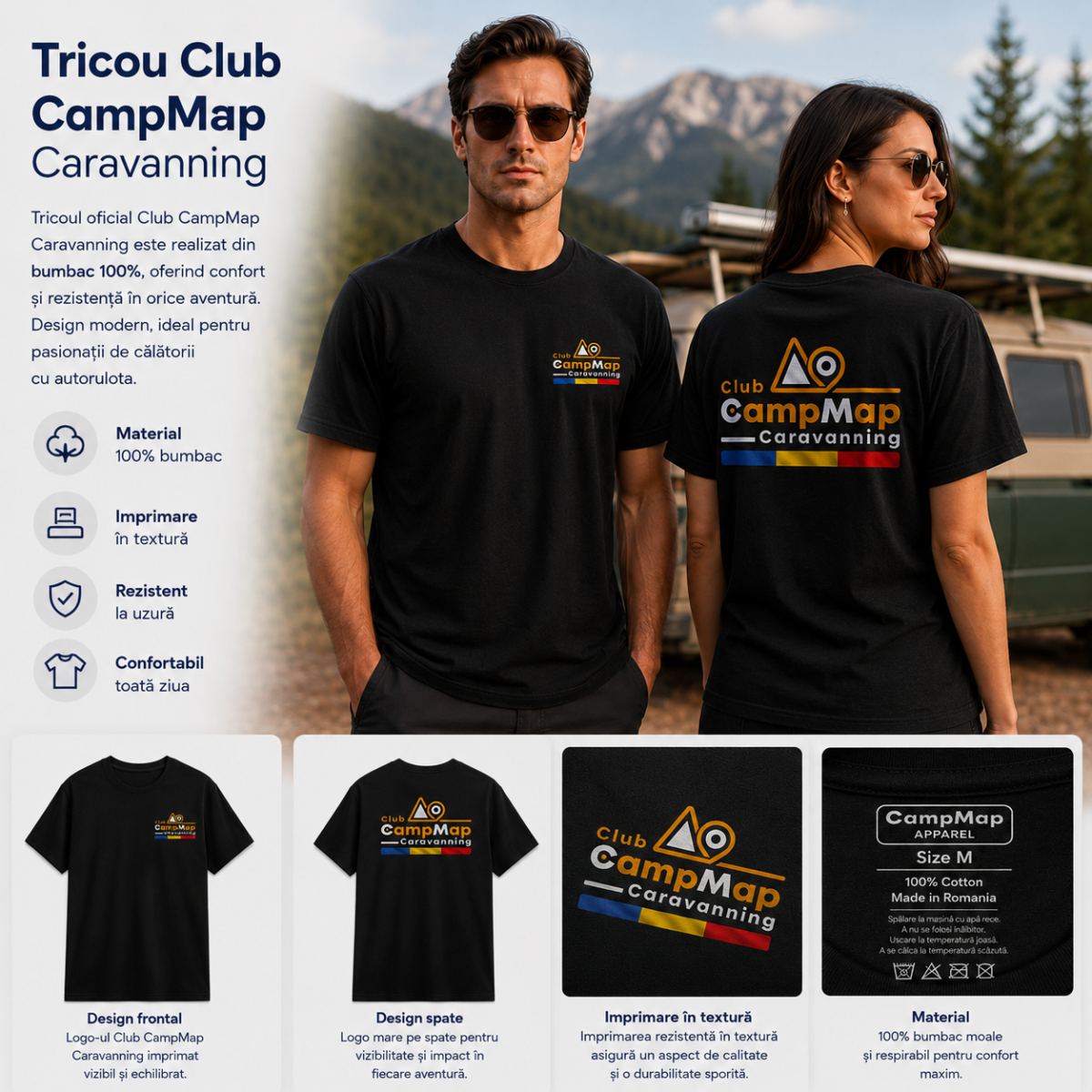 Tricou Oficial Club CampMap Caravanning - Unisex Negru